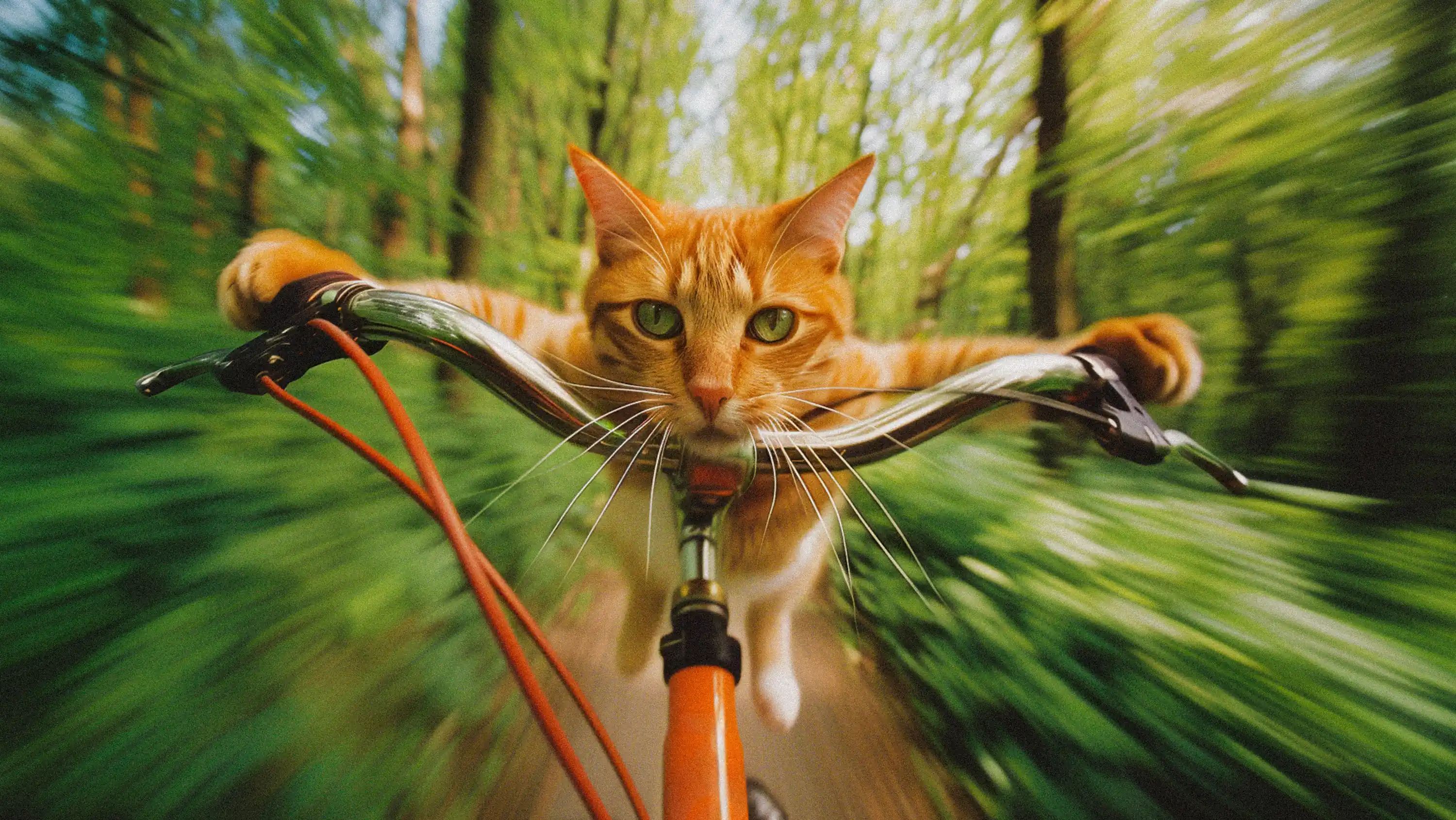 Freddie, le chat d'Epona (l'assurance des animaux) généré avec l'aide de l'intelligence artificielle. Il fait du vélo à toute vitesse dans la fôret.